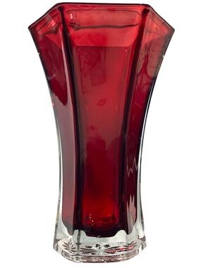 Vintage 1950s Hoosier Glass Flash Ruby Red Hexagonal Vase #4041 - Flared Design
